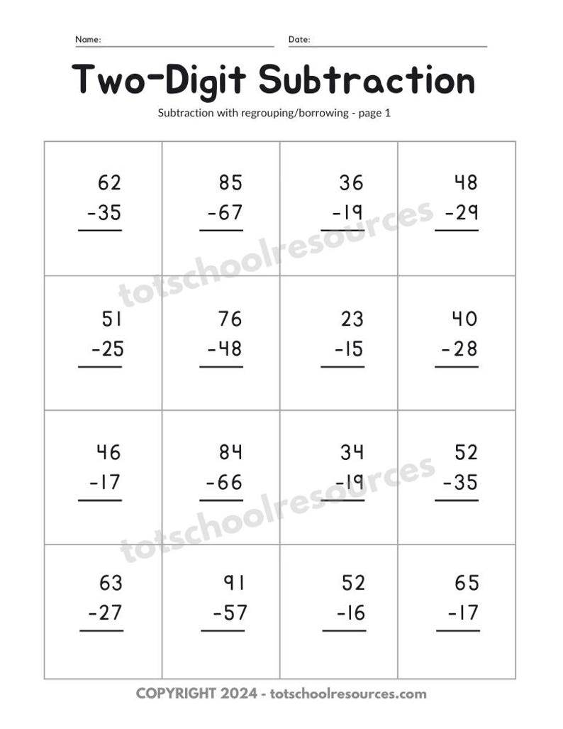 May include: A white worksheet with the title "Two-Digit Subtraction" and subtraction problems. The worksheet includes problems with regrouping and borrowing. The copyright information is at the bottom.