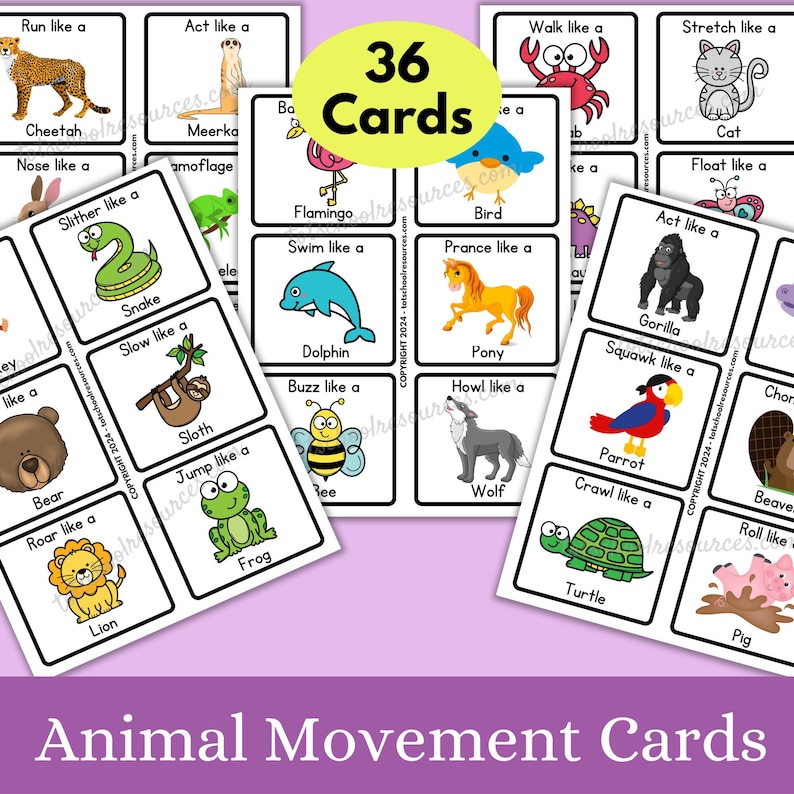 May include: A set of 36 colorful cards featuring different animals and actions. Each card has a black and white border and includes an illustration of an animal and text that reads "[Action] like a [Animal]". For example, one card reads "Run like a Cheetah".