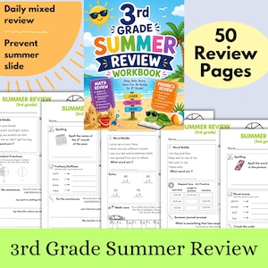 Puede incluir: Un libro de ejercicios 3rd Grade Summer Review con una escena de playa, sol, palmera, castillo de arena y una tortuga con gafas de sol. La portada incluye texto como Math Review y Phonics Review. Se muestran varias páginas de ejercicios.