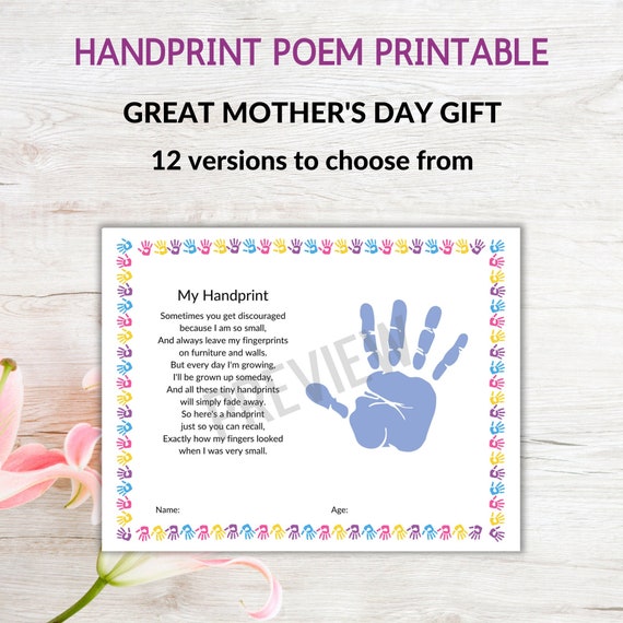 Handprint Poem Printable Mother's Day Gift Preschool - Etsy