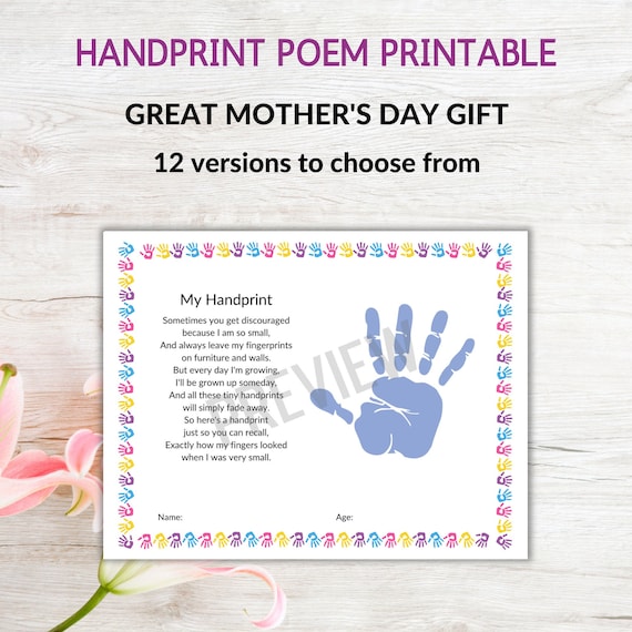 Handprint Poem Printable Mother's Day Gift Preschool - Etsy