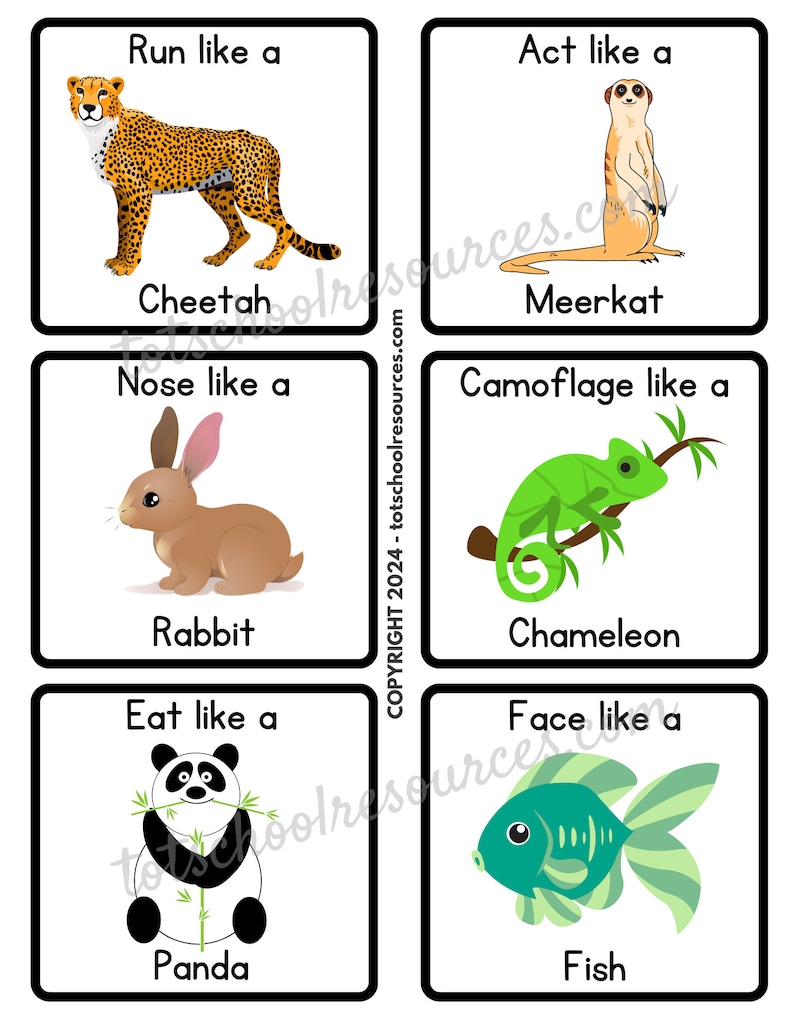 May include: A set of six colorful cards with animal illustrations and action words. Each card features a different animal, such as a cheetah, meerkat, rabbit, chameleon, panda, and fish. The cards are designed for children to learn about animals and actions.