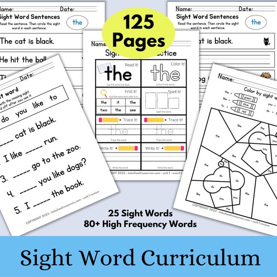 Sight Words Kindergarten 1st grade worksheets, dolch sight words, fry sight words, homeschool phonics for kids