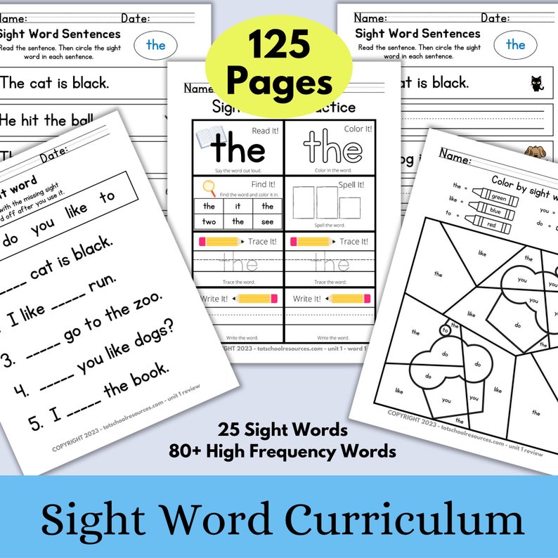 May include: A set of 125 printable worksheets for teaching sight words to young learners. The worksheets feature a variety of activities, including reading sentences, coloring by sight words, and tracing letters. The title of the set is "Sight Word Curriculum".