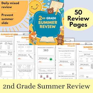 May include: A colorful 2nd Grade Summer Review workbook with 50 pages. The cover features a sun, a bear, a fox, and ice cream. Inside are math and language arts exercises. The workbook is designed to prevent summer learning slide.