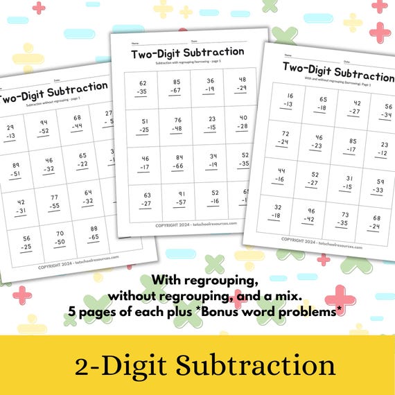 2 Digit Subtraction worksheets - with regrouping/borrowing, without regrouping/borrowing, mixed, bonus word problem pages -  2nd grade math