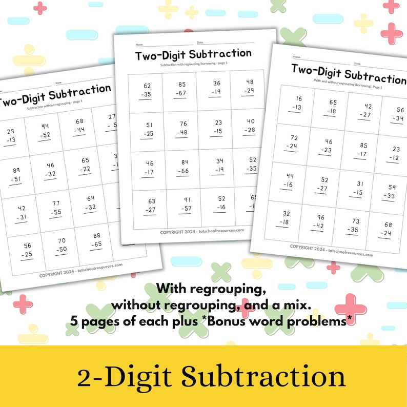 May include: Three white worksheets with two-digit subtraction problems. The worksheets include problems with and without regrouping, plus bonus word problems. The text "Two-Digit Subtraction" is at the top of each page.