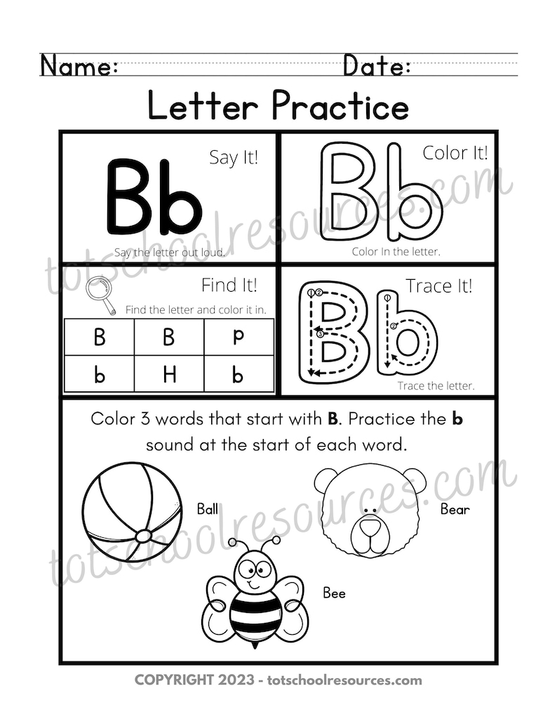 May include: Black and white printable worksheet for letter B practice.  It includes activities like saying the letter, finding it in a grid, tracing it, and coloring words that start with the letter B.  The words are ball, bear, and bee.