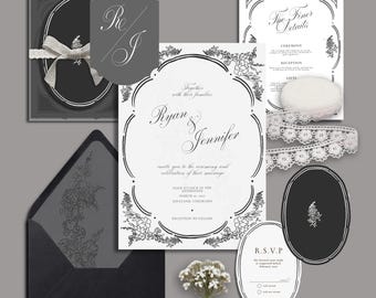 Monochrome Vintage Blumen Hochzeitseinladung Set - Botanischer eleganter Rahmen, Boho rustikal (digitaler Download)