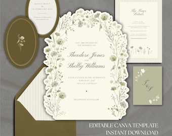 Salbei grün Wildblumen Hochzeitseinladung Set Canva bearbeitbar, handbemalter Aquarell Blumenrahmen (digitaler Download)