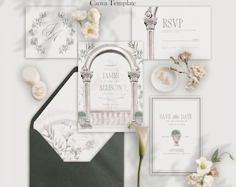 Italienischer Bogen Hochzeitseinladung - Aquarell Garten einladen (bearbeitbare Canva-Vorlage)