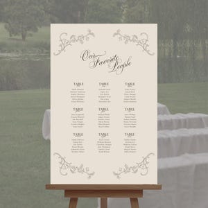 May include: A rectangular cream-colored seating chart sign featuring the text "Our Favorite People" in a script font, organized into nine tables with guest names listed below each table heading, and decorated with ornate floral corner accents.