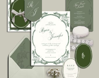 Salbeigrün Vintage Blumen Hochzeitseinladung Set - Botanische Eleganz, Boho Rustikal (Digitaler Download)
