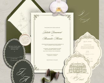 Wedding Suite, Olive Green French Château Die Cut Invitation Canva Template