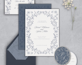 Dusty Blue Barock Blumen Hochzeitseinladung Set, altes Geld Garten Briefpapier (Digitaler Download)
