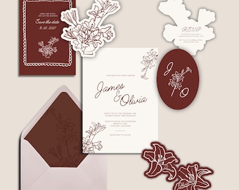 Burgunder Lilie Blumenhochzeitseinladung - Handgezeichnete moderne minimalistische Vorlage (digitaler Download)