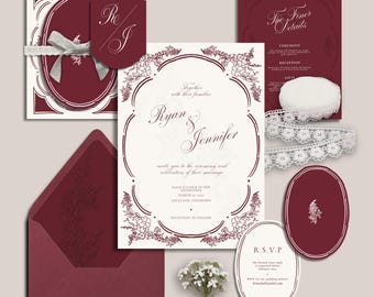 Burgunder Vintage Blumen Hochzeitseinladung Set - Botanischer eleganter Rahmen, Boho rustikal (digitaler Download)