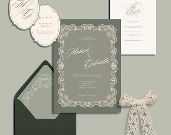 "Sage Grün Vintage Lace Hochzeitseinladung / Hochzeitseinladung / Hochzeitseinladung / Hochzeitseinladung / Template, französischer Barock Stil (Digitaler Sofort Download)
