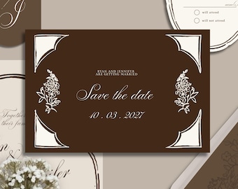 Brauner Vintage Blumen Save The Dates - Blumenrahmen, Boho Rustikal (Digitaler Download)