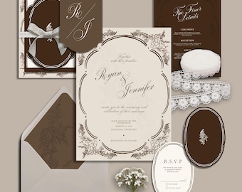 Braun Vintage Blumen Hochzeitseinladung Set - Botanischer Eleganz Rahmen, Boho Rustikal (Digitaler Download)
