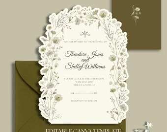 Grüne Aquarell Blumen Hochzeitseinladung - handgemalter floraler Rahmen (digitaler Download)