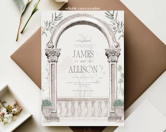 Italienische Bogen Aquarell Hochzeitseinladung - Bearbeitbare Canva Vorlage - Digitaler Download