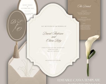 Champagner Calla Lilie Hochzeitseinladung, druckbare elegante minimalistische Set-Vorlage (digitaler Download)