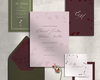 Pflaume und Olive Blumen Hochzeitseinladung Set Canva Vorlage (Digitaler Download)