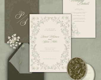 Sage Grün Barock Blumen Hochzeitseinladung Set, altes Geld Garten Briefpapier (digitaler Download)