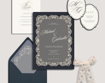 Blaue Vintage Spitze Hochzeitseinladung Set, Französischer Barock (Canva Digital Sofort Download)