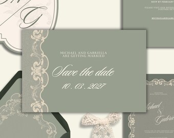 Salbei Grün Vintage Spitze Hochzeit Save The Dates, barock Stil Hochzeit (Digital Instant Download)