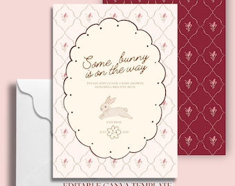 Rosa Kaninchen Babypartyeinladung - Handgemaltes Kaninchen und Blumen Design (Digitaler Download)