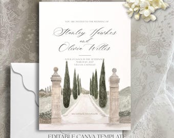 Toskana Italienischer Garten Hochzeitseinladung - Aquarell Landschaft Canva Bearbeitbare Vorlage - Digitaler Download