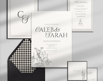 Schwarz Weiß Moderne Hochzeitseinladung Vorlage - Elegantes Minimalistisches Monochrom Leitartikel (Digitaler Download)