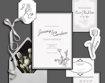 Monochrome Tulpen Hochzeitseinladung Set Vorlage - Elegantes Minimalistisches Botanisches Blumenmuster (Digitaler Download)