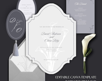 Silberne Staubblaue Calla-Lilie Hochzeitseinladung, minimalistische Blumen-Canva-Vorlage (digitaler Download)