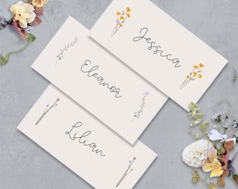 Skurrile, weiche, pastellfarbene Wildblumen-Tischkarte Canva bearbeitbar - illustrierte florale Elemente (digitaler Download)