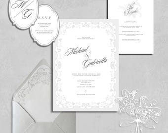 Silber Monochrome Vintage Spitze Hochzeitseinladung, Hochzeitseinladung, Hochzeitseinladung, Französischer Barock Stil (Digitaler Sofort Download)