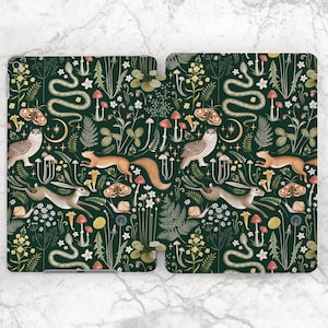 iPad case forest Owl rabbit squirrel Red mushrooms art iPad smart case iPad flip stand Nature Deep green Plants Floral Botanical Animals art
