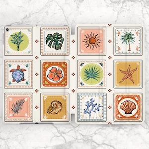 May include: An open tablet case featuring a repeating pattern of square tiles with tropical illustrations. The tiles include a sun, palm tree, turtle, hibiscus flower, seashell, and fern. The color palette includes orange, pink, green, and blue.