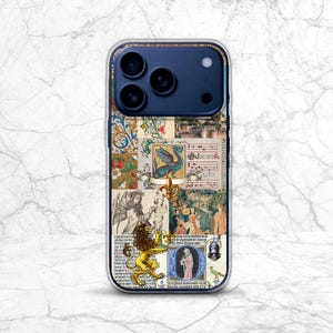 May include: A clear phone case featuring a collage of medieval art. The design includes illustrations of a lion, a dragon, and figures in historical attire, with text fragments and ornate borders. The case has a dark blue camera housing.