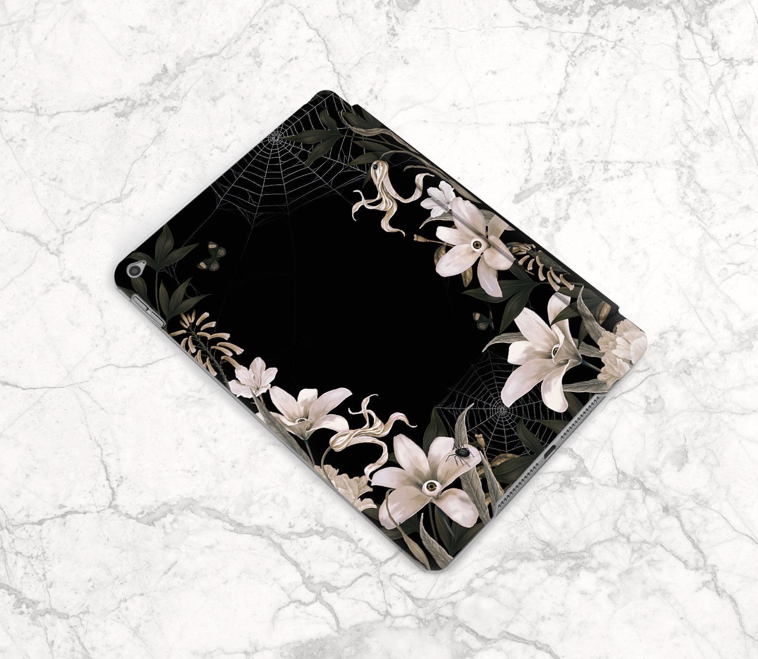 専用3 Gothic Decor iPad Black Cover Elegant Pink Flowers Eye