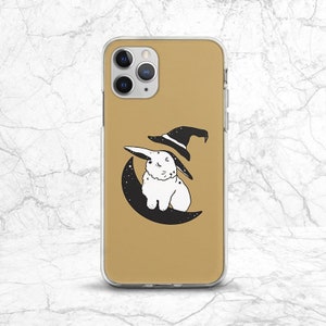 Cute bunny art iPhone case beige Witch hat print Kawaii animal case Phone case moon Simple Aesthetic iPhone case rabbit Stars print case