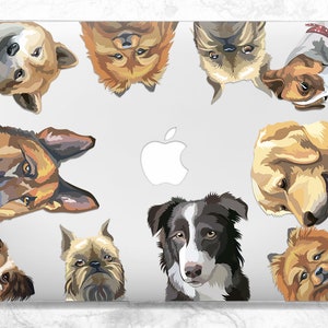 May include: A laptop skin with a white background and colorful illustrations of various dog breeds looking up at the viewer. The dogs are all different colors and breeds, including a German Shepherd, a Golden Retriever, a Border Collie, and a Pomeranian.