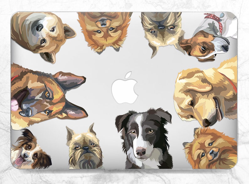 May include: A laptop skin with a white background and colorful illustrations of various dog breeds looking up at the viewer. The dogs are all different colors and breeds, including a German Shepherd, a Golden Retriever, a Border Collie, and a Pomeranian.
