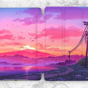 Puede incluir: Una ilustración digital de una puesta de sol rosa y púrpura sobre un lago con un pequeño pueblo en la distancia. Un solo poste de energía se encuentra en primer plano con un camino que conduce a él.