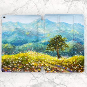 Lato góra etui na iPada natura etui na iPada drzewo etui Smart etui na iPada niebieskie niebo dzikie kwiaty wydruk farbami olejnymi wydruk estetyczny inspirujący