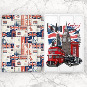 Puede incluir: Una paleta de pintura blanca con seis pozos, con un diseño colorido de Londres, Inglaterra. El diseño incluye la icónica torre del reloj Big Ben, un autobús de dos pisos rojo y el Tower Bridge. El fondo es una bandera de la Unión Jack roja, blanca y azul.