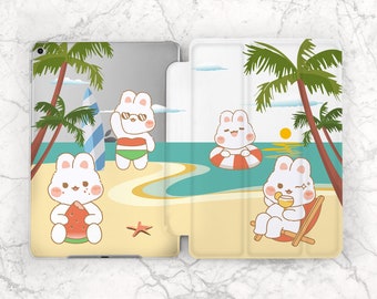 Het witte konijntje van de cartoon Leuk dierenhoesje iPad smart cover iPad hoesje konijn Palmboom kunst iPad hoesje kinder iPad hoesje strand Zomer natuur kunst Pro