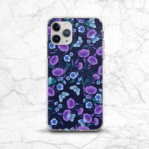 May include: A clear phone case featuring a floral pattern of purple morning glories and blue butterflies on a dark navy background. The case has a glossy finish and is designed to fit a smartphone.